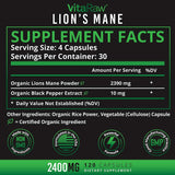 VITARAW ORGANIC LIONS MANE 2400mg 120 Caps MAXIMUM STRENGTH Mushroom Nootropic!